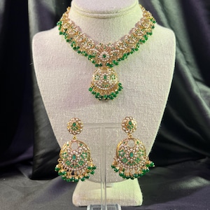 22K Gold Plated Hyderabadi Jadau Necklace Set | Indian Pakistani Wedding Jewelry | Premium Quality Choker Necklace and Chandbali Earrings