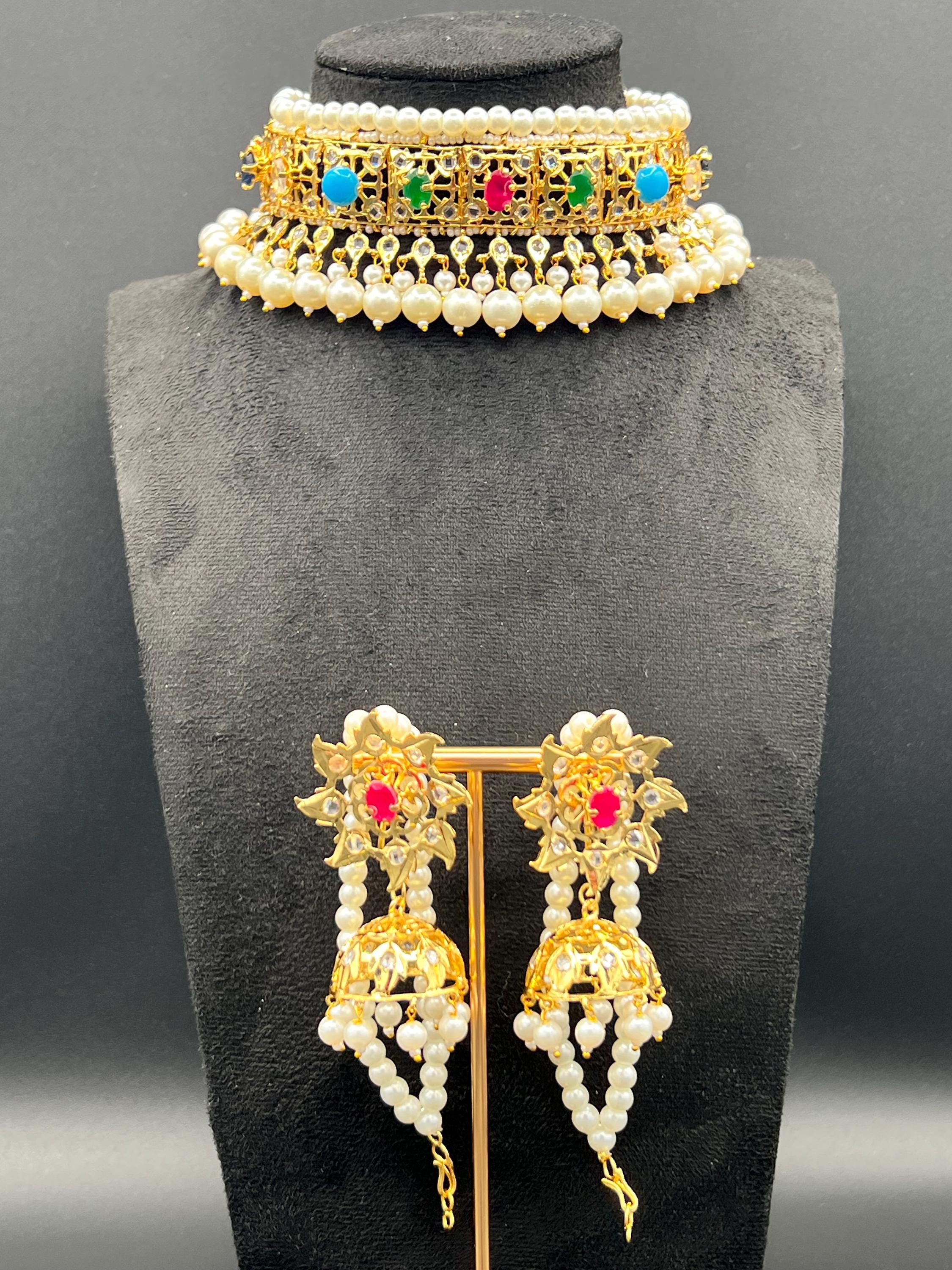 22K Gold Plated Jadau Choker Set: Hyderabadi Jhumka Earrings