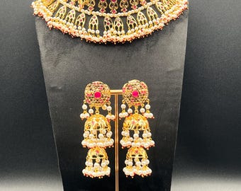 Handcrafted Jadau Bridal Necklace Set: 22k Gold Plated Earrings