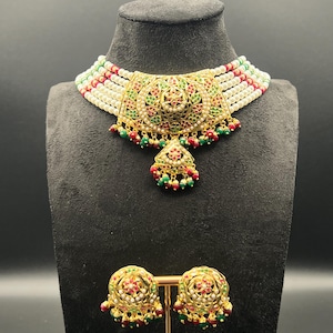 22K Gold Plated Jadau Choker Set: Pearl Necklace & Studs