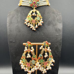 22K Gold Plated Jadau Choker Set: Hyderabadi Pearl Necklace & Earrings