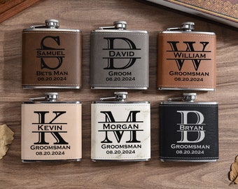 Personalized Flask for Men,Groomsmen Flask Set,Laser Engraved Flask,Brown Leather Flask Set,Custom Hip Flask for Groomsman,Proposal Gift