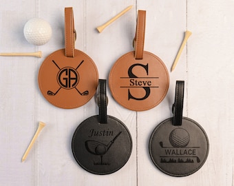 Etiqueta de bolsa de golf de cuero grabada, accesorios personalizados para bolsas de golf, soporte para camiseta de golf, etiqueta de mochila de golf personalizada, etiqueta de nombre de equipaje, regalo de golf para papá
