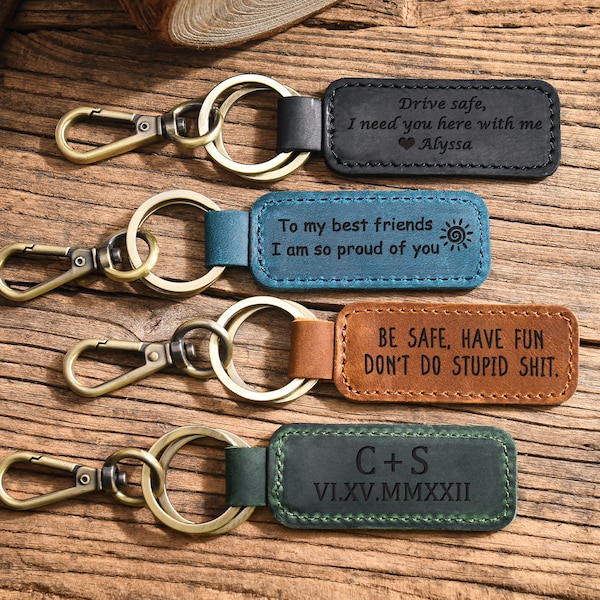 Drive Safe Keychain for Boyfriend,Personalized Leather Keyring,Custom Name Keychain,Engraved Key Chain for Men,GPS Keychain, New Driver Gift