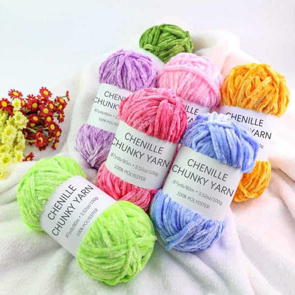 Fil chenille épais 6 mm, fil peluche 100 g, 32 couleurs, fil pour écharpe bricolage, fil pour couverture, fil à tricoter main, fil au crochet épais et doux