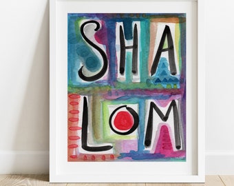 May include: A watercolor painting of the word "SHALOM" in black lettering on a colorful background. The letters are stylized and the background is a mix of blue, green, pink, and red.
