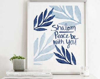 Shalom- Descarga instantánea, Arte moderno de la pared de Judaica, decoración del hogar judío, impresión judía, paz en hebreo, arte judío moderno