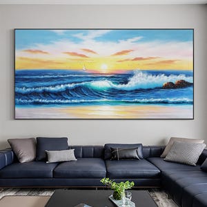 Abstract Seascape Sunrise Oil Painting  Vibrant Blue Ocean Waves | Textured Canvas Art | Original Sunset Painting | Modern Luxury Home Decor
