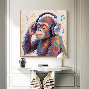Contemporary colorful gorilla wearing headphones canvas painting, monkey art oil painting, abstract gorilla art, hand painting on canvas