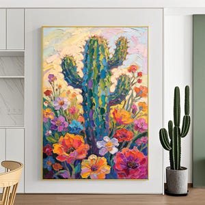 Colorful 3D Desert Wall Art – Cactus & Mountain Canvas Painting, Vibrant Southwestern Nature-Inspired Decor for Living Room or Bedroom
