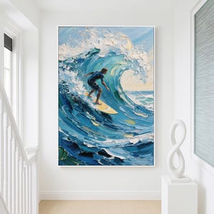 Pintura original de ondas azuis em tela – Arte de parede texturizada de surfe, presente personalizado para surfistas, arte em tela personalizada com tema de oceano para amantes da praia