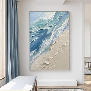 Minimalist Blue Ocean Oil Painting – Large Abstract Wave Seascape Wall Art, Original Coastal Beach Painting for Modern Living Room Decor