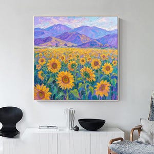 Square Original Sunflower OilPainting Vibrant Sunflower Field Art for Restaurant Bedroom and Large Wall Decor Thick Textured Floral Painting