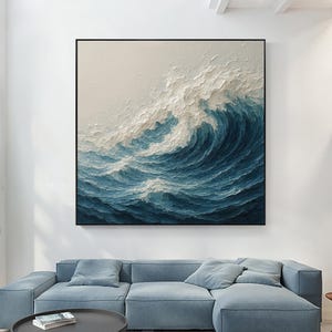 Original Ocean Sunset Oil Painting on Canvas, Vibrant Abstract Blue Wave Wall Art Modern Coastal Decor for Luxury Living Room or Beach House