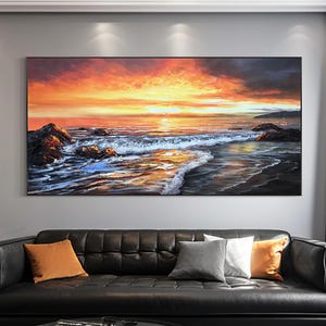 Large original wave oil painting - custom sunrise and sunset color abstract seascape art, suitable for seaside living room wall decoration