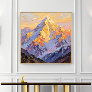 Square Abstract Golden Mountain Oil Painting  Large Original Canvas Wall Art Custom Gold Landscape for Modern Living Room or Home Decoration