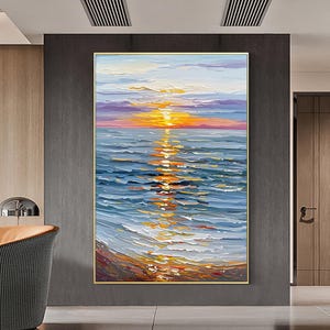 Large Original Ocean Sunrise Oil Painting – Abstract Minimalist Orange Seascape Canvas Art, Modern Coastal Wall Decor for Living Room