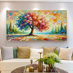 Origineel kleurrijk abstract dik geschilderd boomolieverfschilderij, grote abstracte geldboom kunst aan de muur, canvas textuur woonkamer aangepaste decoratie
