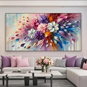 Handmade abstract flower oil painting, large wall art on canvas, thick textured purple pink floral wall art, living room home decor artwork