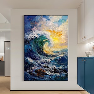Contemporary Original Ocean Wave Oil Painting | Sunrise Seascape on Canvas | Thick Texture Blue Waves | Living Room Wall Art| wave paintings