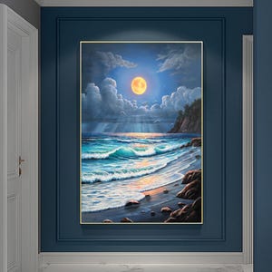 Original Moonlight Ocean Painting | Oil Painting on Canvas | Seascape Home Decor | Night Sea Artwork | Moonlight Ocean Wall Decor |