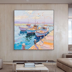Original Sunset Harbor Boat Painting – Palette Knife Fishing Boat Art, Textured City Pier Seascape Oil on Canvas for Coastal Wall Decor
