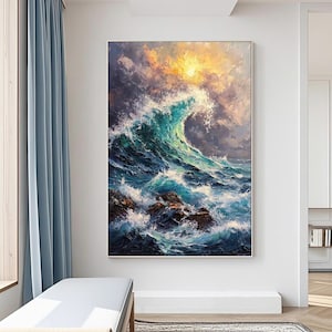 Contemporary Original Ocean Wave Oil Painting | Sunrise Seascape on Canvas | Thick Texture Blue Waves | Living Room Wall Art