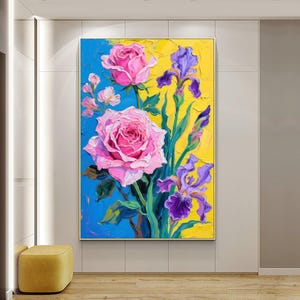 Large Original Rose and Iris Oil Painting – Abstract Floral Canvas Art in Bohemian Style, Custom Wall Decor for Modern Living Room Interior