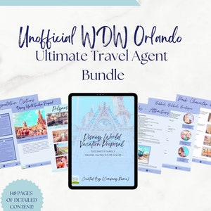 May include: A digital template for a Disney World vacation proposal, with a blue and white castle illustration on the cover. The template includes 148 pages of detailed content, including transportation options, dining choices, park character dining, and more. The template is customizable in Canva.