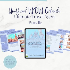 May include: A digital template for a Disney World vacation proposal. The template is customizable in Canva and includes 148 pages of detailed content. The template features a light blue background with a white marble pattern. The text "Unofficial WDW Orlando Ultimate Travel Agent Bundle" is written in a black cursive font.