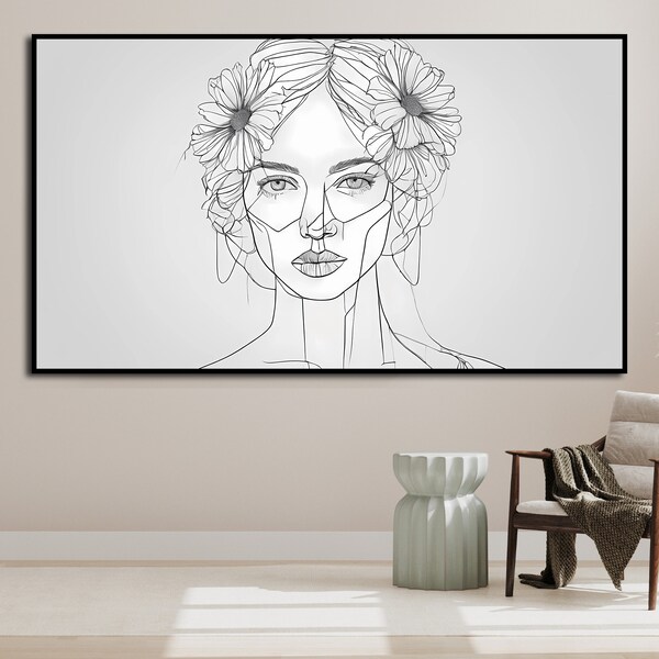 Samsung Frame TV Art, Floral Adornment Line Art, Elegant Woman Portrait for Samsung Frame TV & 16:9 Widescreen, Contemporary TV Art Download