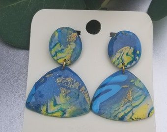 Blue and Yellow Dangling  Post Earrings
