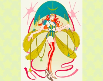 May include: Illustration of a figure in a teal and yellow striped bodysuit, red thigh-high stockings, and high heels. The figure has red hair and is wearing a large teal hat with a crescent moon. Large yellow wings and pink ribbons complete the design.