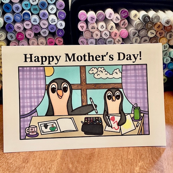Mother’s Day Card 2024 - Color Your Own Card - Penguins Doing People Things - AnnieDerzColoring