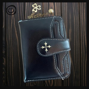 Cartera gótica de piel sintética para mujer, tarjetero compacto de alta calidad con cremallera, diseño gótico negro.
