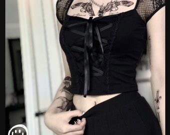 Goth T-shirt Women Bodycon Corset Crop Top Lace Black T-shirts Gothic Streetwear Female Top Casual Mesh Tee Punk Style