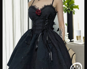 Goth Spaghetti Strap Tie Up Mall Gothic Elegant Women Dress Aesthetic A-Line Dress Emo Lace Trim Black Gothic Egirl Aesthetic