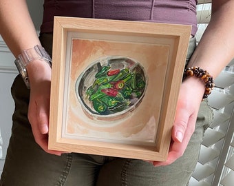 Gouache painting 6x6 square homegrown green and red jalapeno peppers in  bowl SPICY framed in recessed light wood