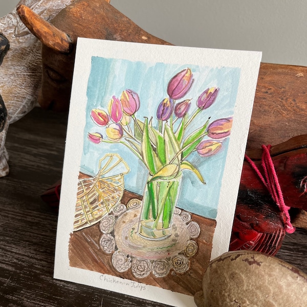 hand painted gouache on paper vertical still life flowers 5x7 framed CHICKEN N TULIPS