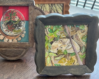 4x4 original gouache painting framed or unframed of fawn nestled in ivy