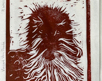 Block Print of Dog on Art Paper 9x12 from Cut Linoleum Block "Vincent Van Doodle" a bernadoodle up close portrait with Van Gough reference.