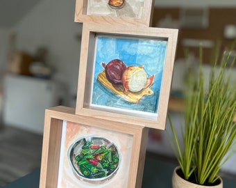 Set of 3 small food paintings SPICY SAVORY SWEET using gouache paint on paper. Light wood recessed frames. 3 sizes from 4.75-6.75 square.
