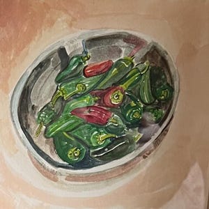 Gouache painting 6x6 square homegrown green and red jalapeno peppers in  bowl SPICY framed in recessed light wood