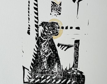 Block Print 11x14 black ink with watercolor added SAINT MILLIE dog