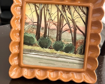 Small square hand painted unframed gouache landscape-a sunset in the fall 4x4 inches