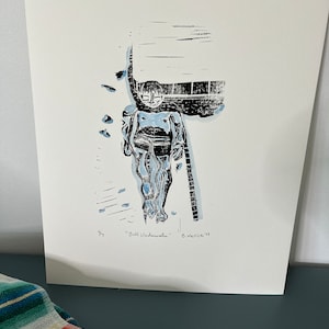 Block Print 11x14 black ink with watercolor detail of swimming subject &quot;Bill Underwater&quot;