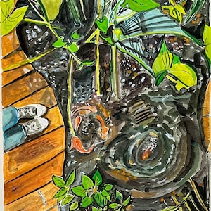 5x7 Print from an Original Gouache Painting &quot;Coy&quot; Grandpa&#39;s Pond with koi