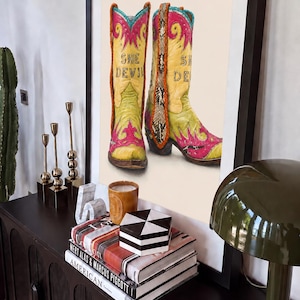 She Devil Cowboy Boots Print | Lime Green Python Flames Cowgirl Western Wall Art (Matte Print)