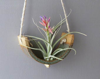 Stunning Small Gunmetal Green Ceramic Tillandsia Hanging Plant Holder Interior Home Decoration Wall Planter Vase