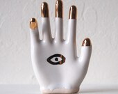 All Seeing Eye Hand Amulet - contemporary ceramic hamsa with gold dipped fingers